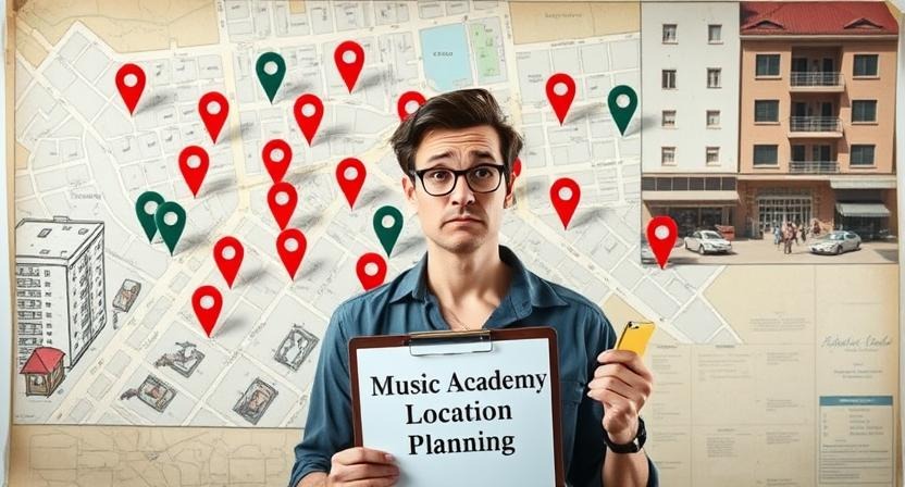 Confused music teacher analysing a map with multiple location pins, struggling to choose the right location for your music academy.