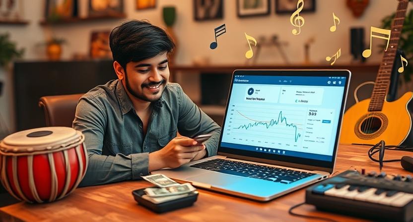 A person happily showing his great earning on a Laptop screen through his music career to explain the Financial Benefits of Music Careers. Hence, music is a profitable career.