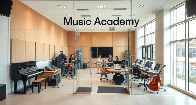 A spacious and well-lit music academy with instruments neatly arranged, featuring soundproof walls and students learning from an instructor.
