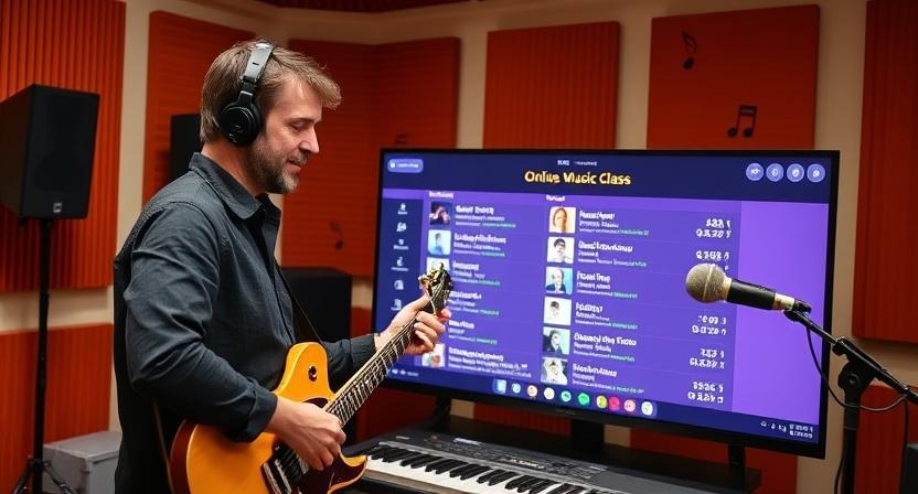 A professional music teacher wearing a headset and microphone, standing while teaching a musical instrument to online students, with a large LED TV screen displaying the participant list in a well-equipped music studio.