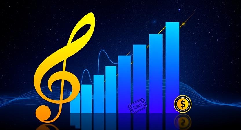 Abstract fusion of a treble clef and growth graph with embedded music business icons: streaming, live events, contracts, and royalties. Represents balancing creativity and commerce.