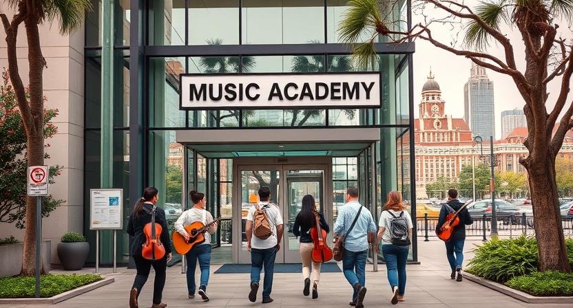 Modern music academy in a vibrant city with students carrying instruments, walking toward the entrance.