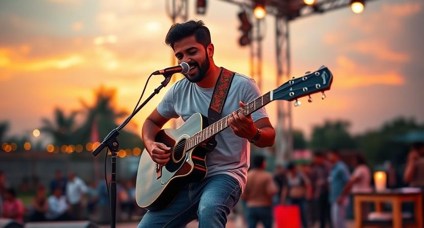Guitarist performing with an acoustic guitar on an outdoor stage at sunset, representing Instrumentalists is also good example of Music Career Path