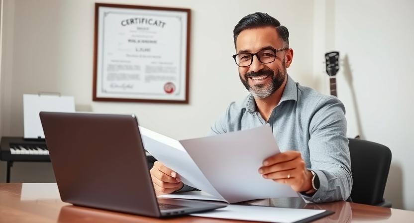 Music institute owner reviewing legal documents with a framed business registration certificate in the background.