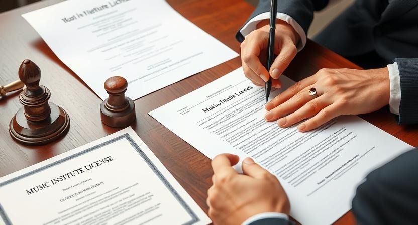 Local Licensing Requirements A person signing legal documents for a music institute license before renting a space, with a consultant guiding them through the process.