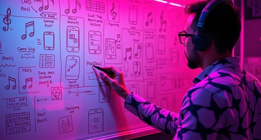 A developer brainstorming app ideas on a whiteboard filled with sketches of music notes and app interfaces, representing that music related apps development is also an example of Music Career Path