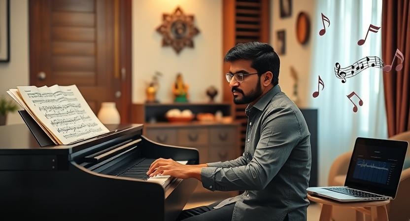 A music composer, composing a music on using piano having a music script on the table of Piano represent that Music composer is an example of Music Career Path