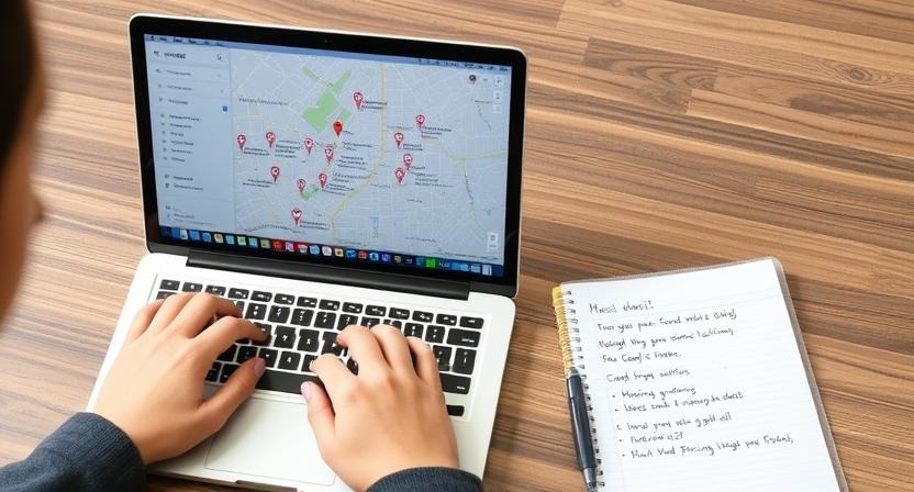 Nearby Competition Analysis A person analyzing nearby music institutes on Google Maps, comparing features and pricing for competitive research before renting a space for his music academy
