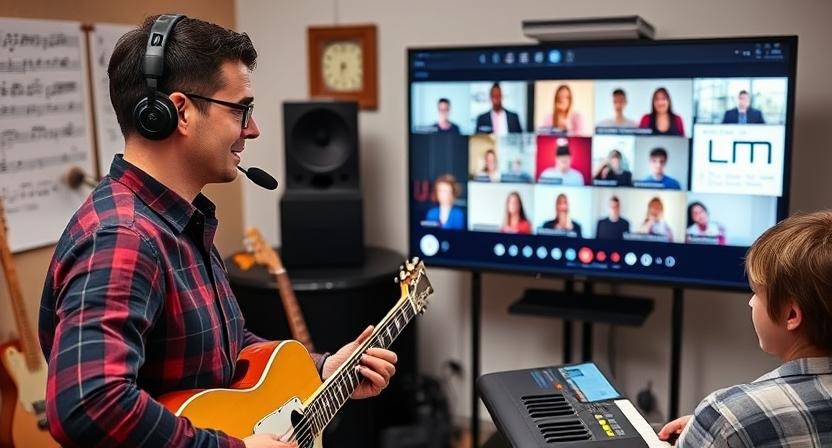 A professional music teacher conducting a hybrid class, teaching both in-person and online students using a large LED screen in a well-equipped music studio.