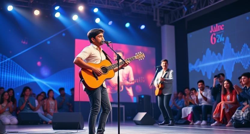 A successful boy in his music career is on his stage performance with Guitar in hand as an real-life success story example student reflecting that music is a profitable career