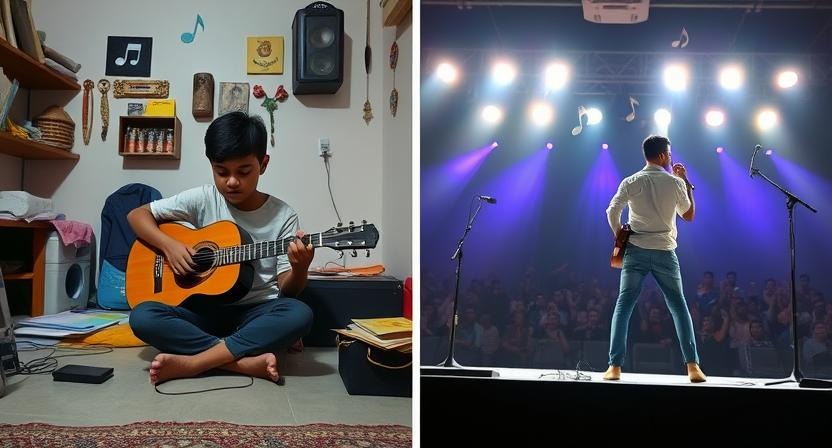 A split view, where one side a boy sitting on a floor of his room enjoying playing Guitar, that representing his interest and hobby of playing guitar to make music in childhood and on the other side the same boy as an adult is on stage in front of a hug crowd presenting his music performance. The idea of this split image is to show that a hobby of music can have a successful career. - Music as a career
